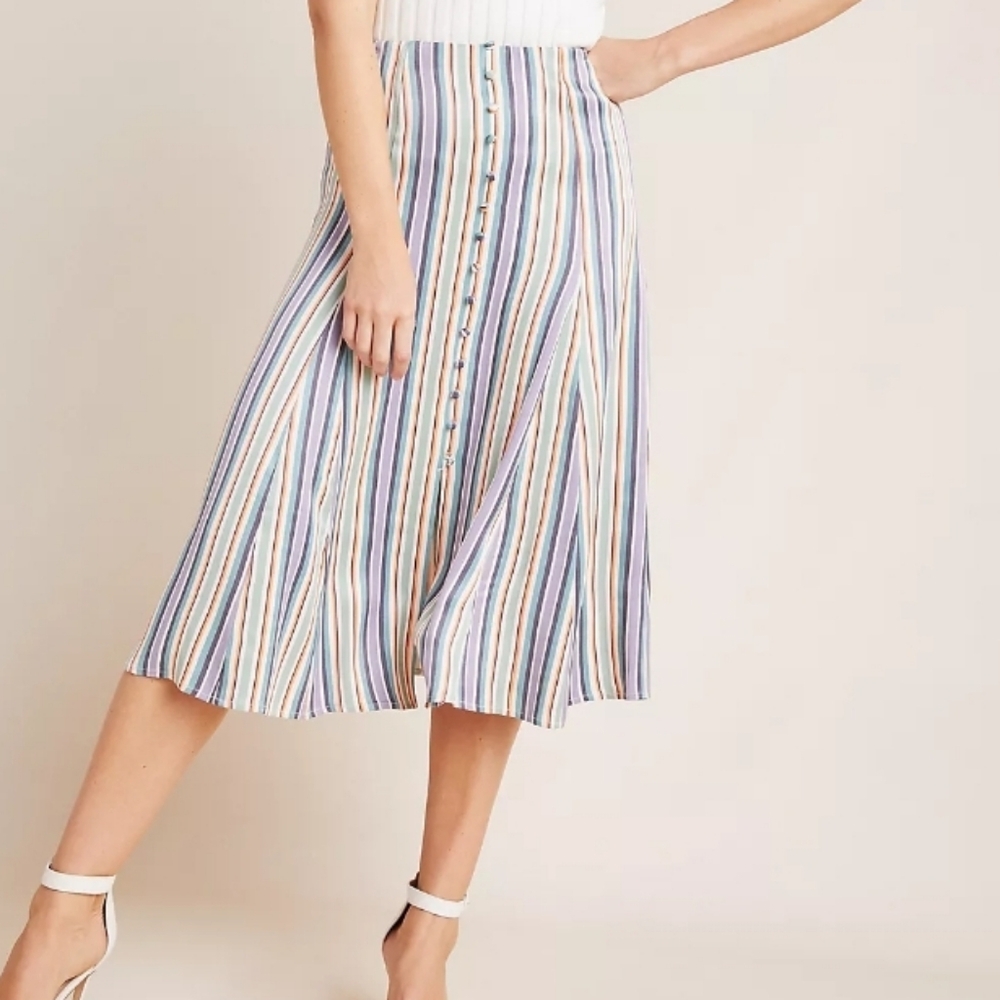 Anthropologie Maeve Freya Midi Skirt‎ Multi Stripe Women's 0 Office Siren